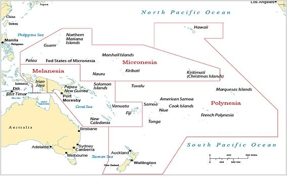 North Pacific Ocean △Micronesia - Palau, Guam, Northern Mariana Islands, Fed States of Micronesia, Marshall Islands, Kiribati, Nauru, Kiribati, Kiritimati(Christmas Islands) △Melanesia(Coral Sea) - Irian Jaya, Papua New Guinea, Port Moresby, Solomon Islands, Vanuatu, Fiji, New Caledonia △ Polynesia - Hawaii, Tuvalu, Marquesas Islands, Samoa, American Samoa, Cook Islands, Niue, Tonga, French Polynesia, Auckland, Wellington, New zealand ; Los Angeles, Philippine Sea, Japan, China, Taiwan, Manlia Philippine, Hatumeten, Timor Sea, Arafura Sea, East Timor, Australia, Adelaide, Brisbane, Sydney, Canberra, Melbourne, Tasman Sea South Pacific Ocean (0 400 800 MILE | 0 400 800 KM) 
